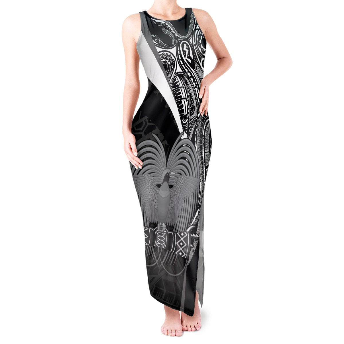 Custom Papua New Guinea Cricket Tank Maxi Dress Tribal Bird of Paradise Tattoo LT9 Women Black - Polynesian Pride