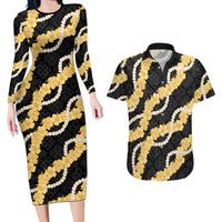 Aloha Melemele Hibiscus Pikake Lei Couples Matching Long Sleeve Bodycon Dress and Hawaiian Shirt Hawaiian Quilt Pattern LT9 Black - Polynesian Pride