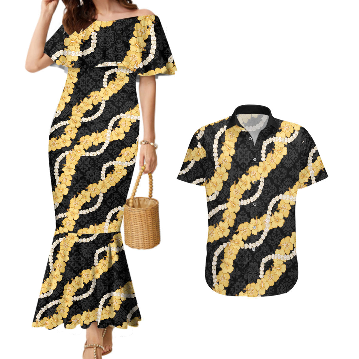 Aloha Melemele Hibiscus Pikake Lei Couples Matching Mermaid Dress and Hawaiian Shirt Hawaiian Quilt Pattern LT9 Black - Polynesian Pride