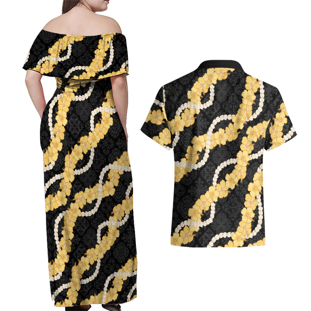 Aloha Melemele Hibiscus Pikake Lei Couples Matching Off Shoulder Maxi Dress and Hawaiian Shirt Hawaiian Quilt Pattern LT9 - Polynesian Pride