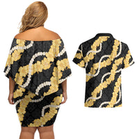 Aloha Melemele Hibiscus Pikake Lei Couples Matching Off Shoulder Short Dress and Hawaiian Shirt Hawaiian Quilt Pattern LT9 - Polynesian Pride