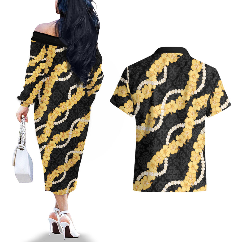 Aloha Melemele Hibiscus Pikake Lei Couples Matching Off The Shoulder Long Sleeve Dress and Hawaiian Shirt Hawaiian Quilt Pattern LT9 - Polynesian Pride