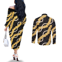 Aloha Melemele Hibiscus Pikake Lei Couples Matching Off The Shoulder Long Sleeve Dress and Long Sleeve Button Shirt Hawaiian Quilt Pattern LT9 - Polynesian Pride