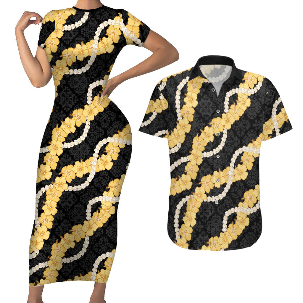 Aloha Melemele Hibiscus Pikake Lei Couples Matching Short Sleeve Bodycon Dress and Hawaiian Shirt Hawaiian Quilt Pattern LT9 Black - Polynesian Pride