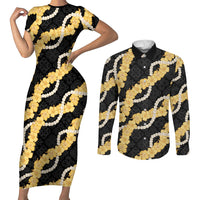 Aloha Melemele Hibiscus Pikake Lei Couples Matching Short Sleeve Bodycon Dress and Long Sleeve Button Shirt Hawaiian Quilt Pattern LT9 Black - Polynesian Pride