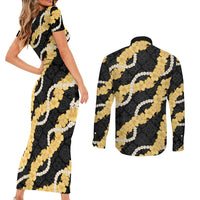 Aloha Melemele Hibiscus Pikake Lei Couples Matching Short Sleeve Bodycon Dress and Long Sleeve Button Shirt Hawaiian Quilt Pattern LT9 - Polynesian Pride