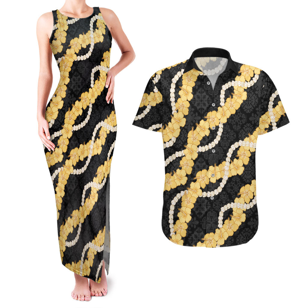 Aloha Melemele Hibiscus Pikake Lei Couples Matching Tank Maxi Dress and Hawaiian Shirt Hawaiian Quilt Pattern LT9 Black - Polynesian Pride