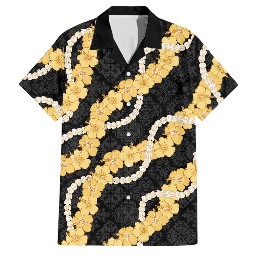 Aloha Melemele Hibiscus Pikake Lei Family Matching Mermaid Dress and Hawaiian Shirt Hawaiian Quilt Pattern LT9 Dad's Shirt - Short Sleeve Black - Polynesian Pride