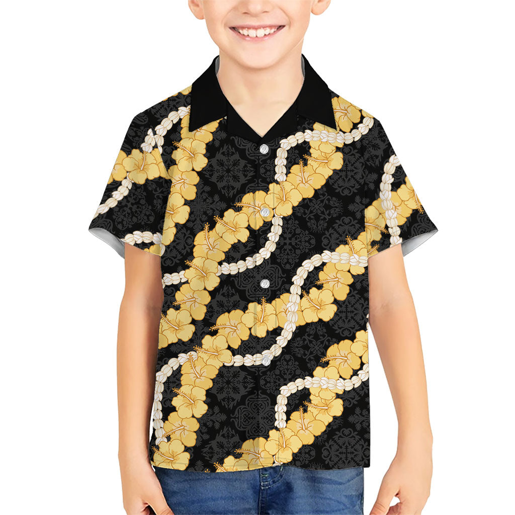 Aloha Melemele Hibiscus Pikake Lei Family Matching Off The Shoulder Long Sleeve Dress and Hawaiian Shirt Hawaiian Quilt Pattern LT9 Son's Shirt Black - Polynesian Pride