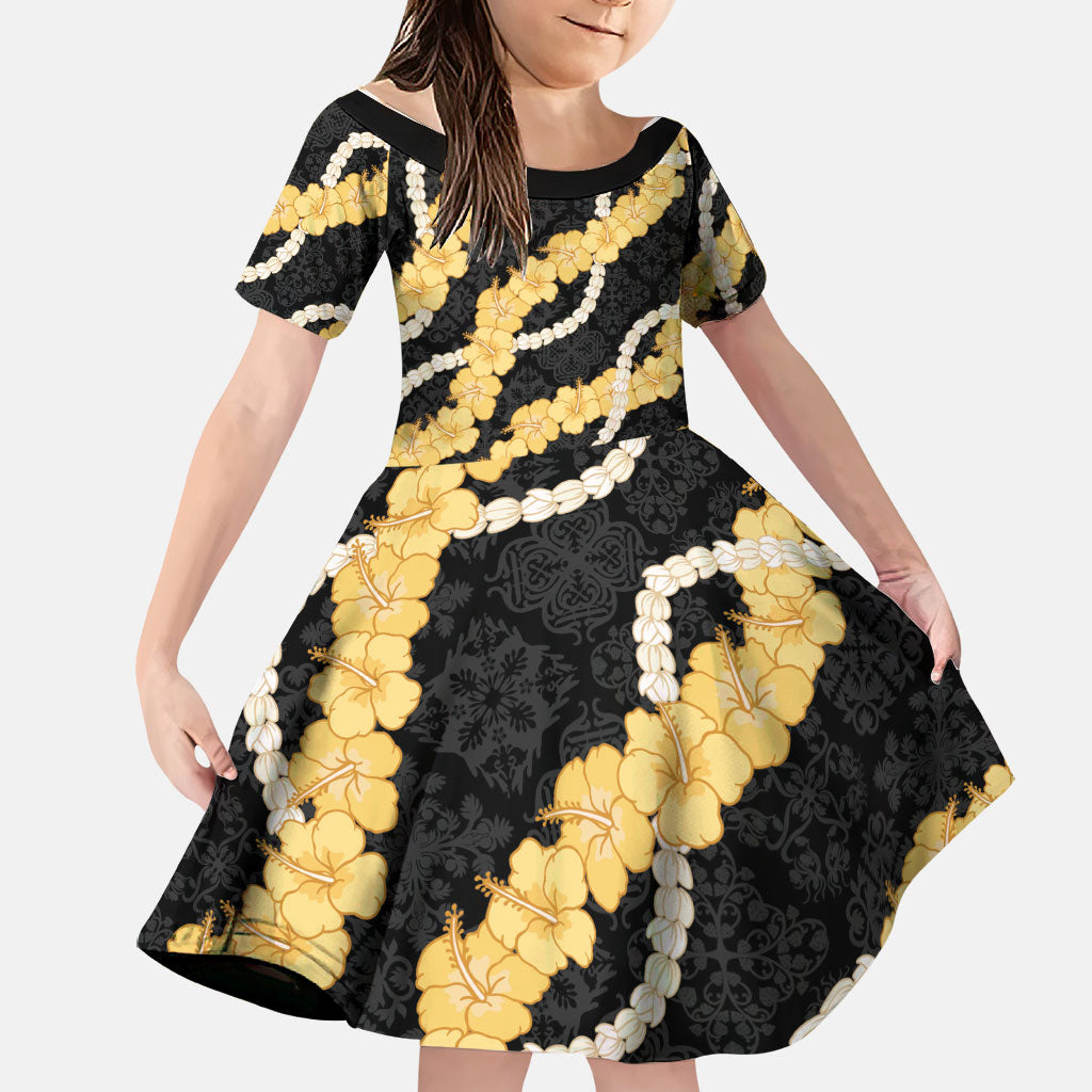 Aloha Melemele Hibiscus Pikake Lei Family Matching Off Shoulder Maxi Dress and Hawaiian Shirt Hawaiian Quilt Pattern LT9 Daughter's Dress Black - Polynesian Pride