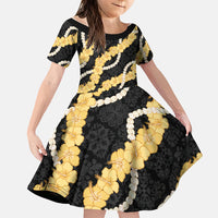 Aloha Melemele Hibiscus Pikake Lei Family Matching Off Shoulder Short Dress and Hawaiian Shirt Hawaiian Quilt Pattern LT9 Daughter's Dress Black - Polynesian Pride