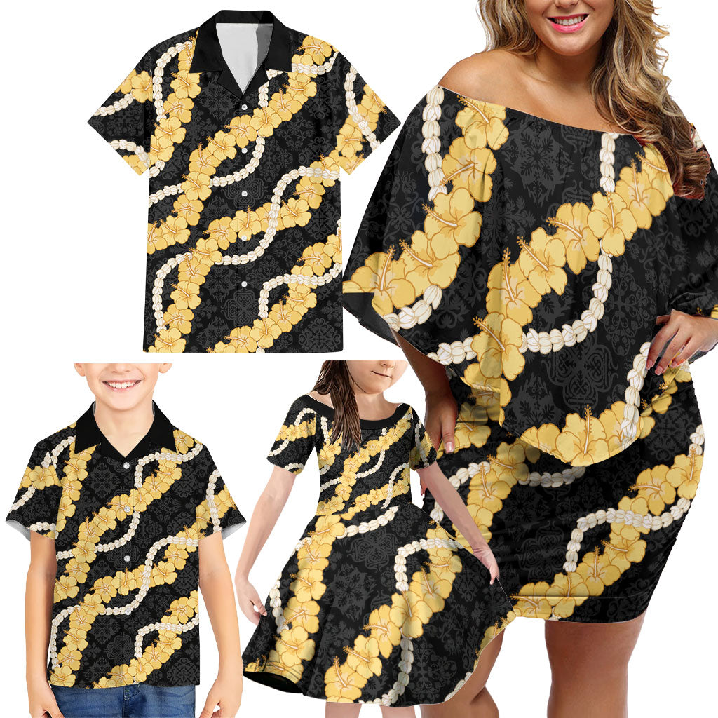 Aloha Melemele Hibiscus Pikake Lei Family Matching Off Shoulder Short Dress and Hawaiian Shirt Hawaiian Quilt Pattern LT9 - Polynesian Pride