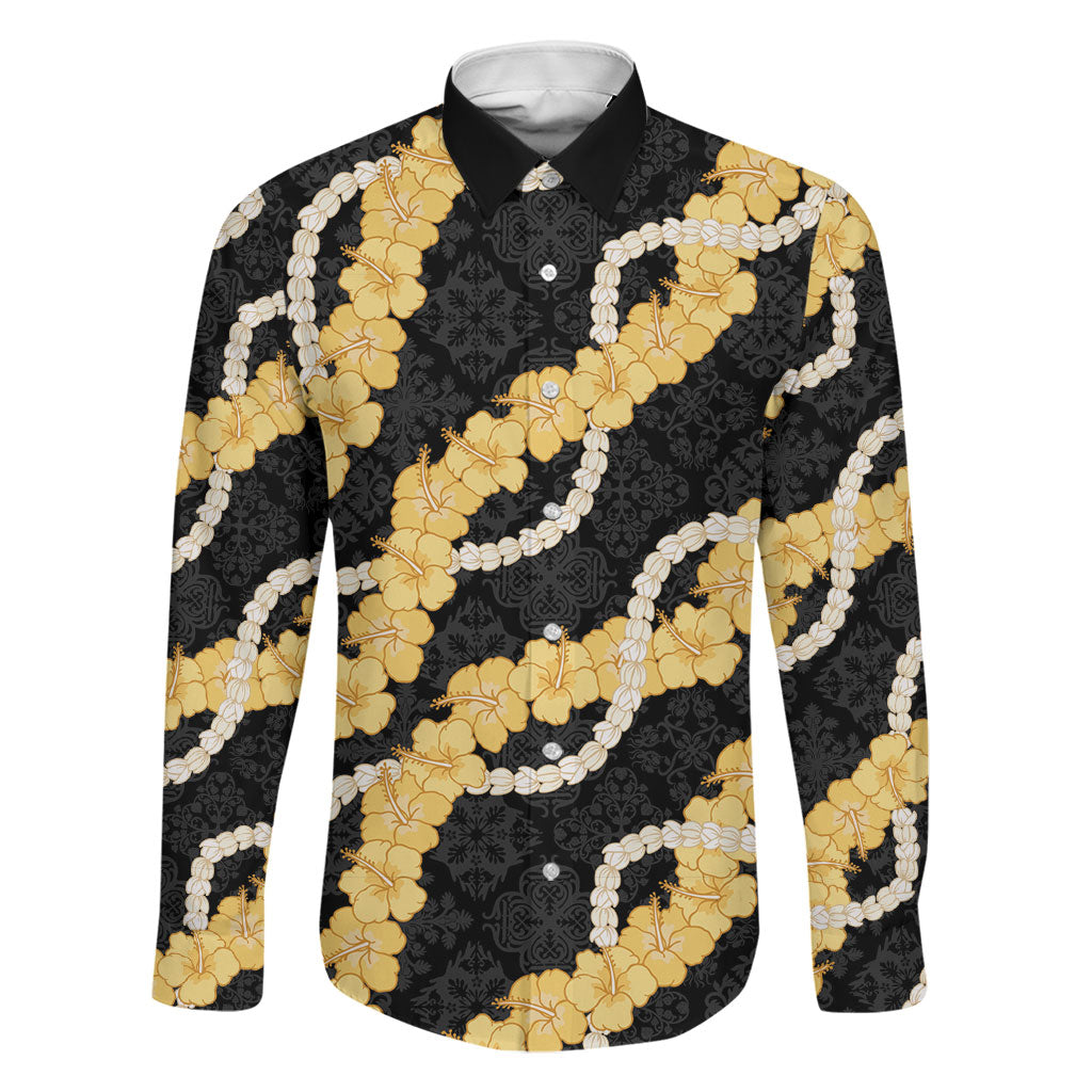 Aloha Melemele Hibiscus Pikake Lei Family Matching Off Shoulder Short Dress and Hawaiian Shirt Hawaiian Quilt Pattern LT9 Dad's Shirt - Long Sleeve Black - Polynesian Pride