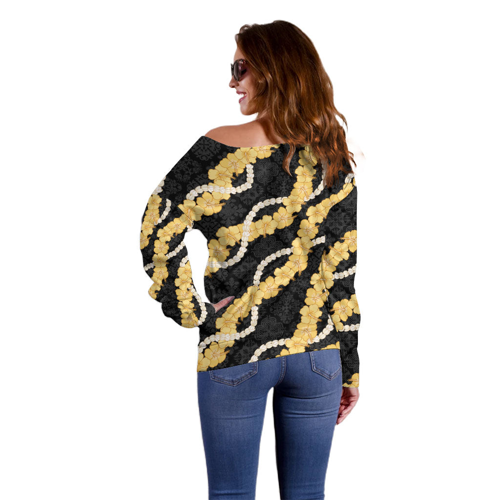 Aloha Melemele Hibiscus Pikake Lei Off Shoulder Sweater Hawaiian Quilt Pattern LT9 - Polynesian Pride