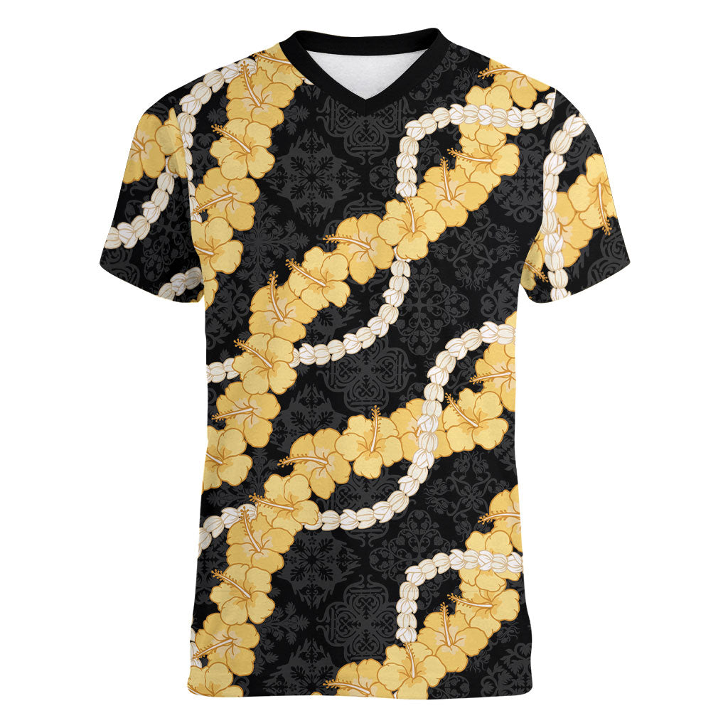 Aloha Melemele Hibiscus Pikake Lei Women V-Neck T-Shirt Hawaiian Quilt Pattern
