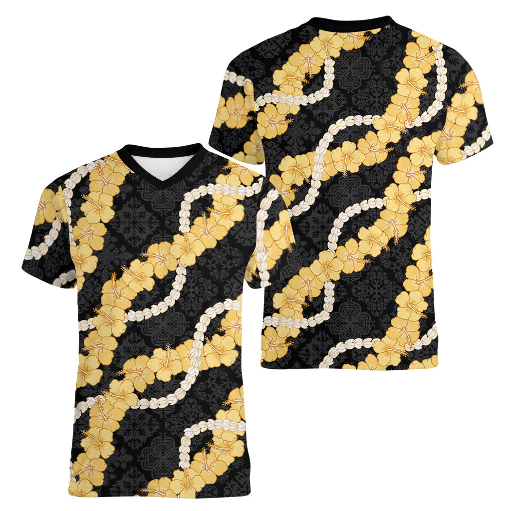 Aloha Melemele Hibiscus Pikake Lei Women V-Neck T-Shirt Hawaiian Quilt Pattern