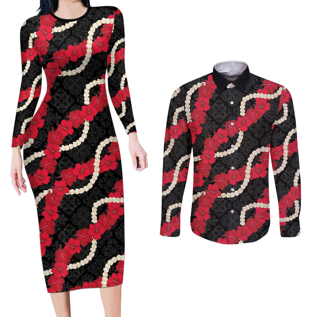 Aloha Ula'ula Hibiscus Pikake Lei Couples Matching Long Sleeve Bodycon Dress and Long Sleeve Button Shirt Hawaiian Quilt Pattern LT9 Black - Polynesian Pride