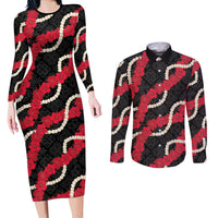 Aloha Ula'ula Hibiscus Pikake Lei Couples Matching Long Sleeve Bodycon Dress and Long Sleeve Button Shirt Hawaiian Quilt Pattern LT9 Black - Polynesian Pride