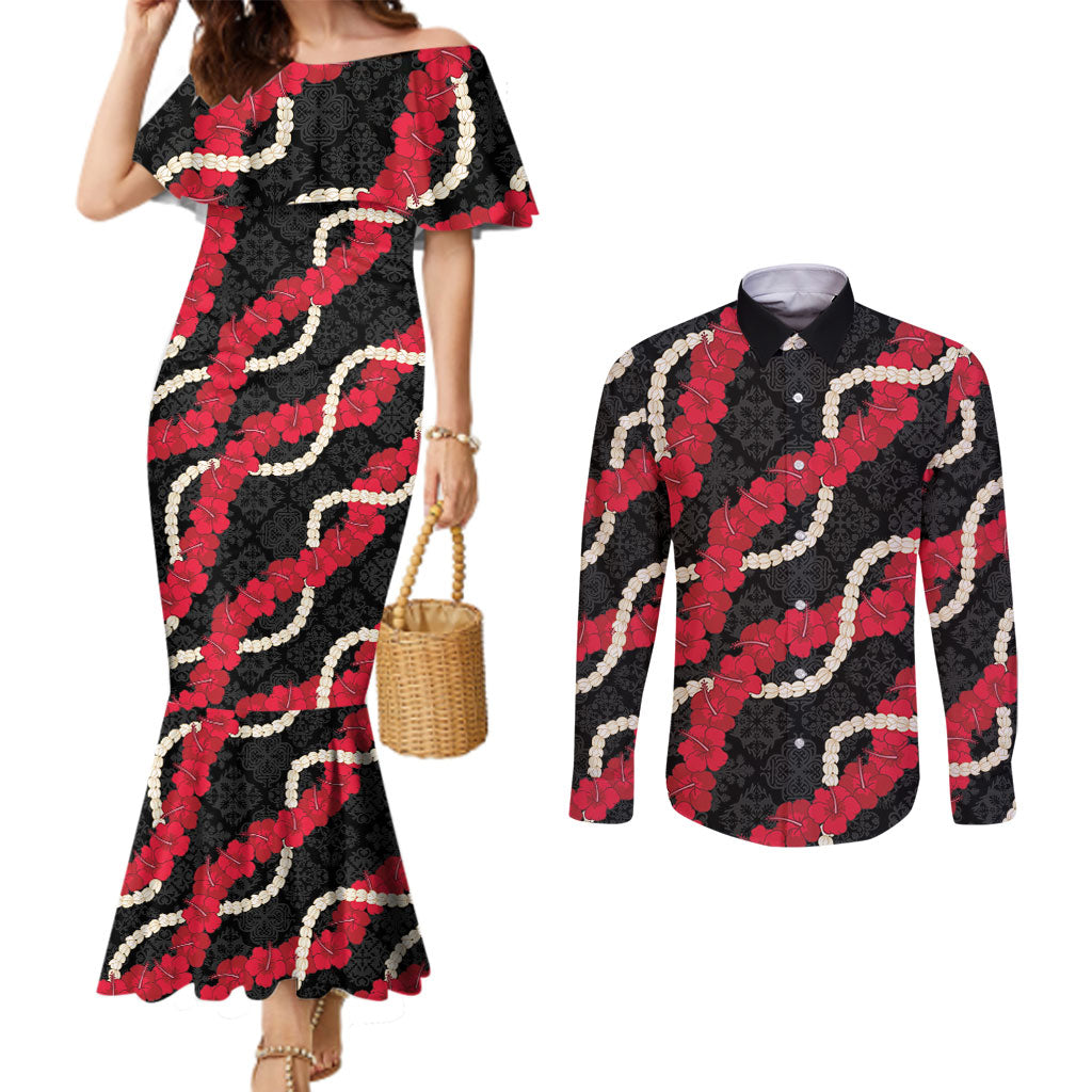 Aloha Ula'ula Hibiscus Pikake Lei Couples Matching Mermaid Dress and Long Sleeve Button Shirt Hawaiian Quilt Pattern