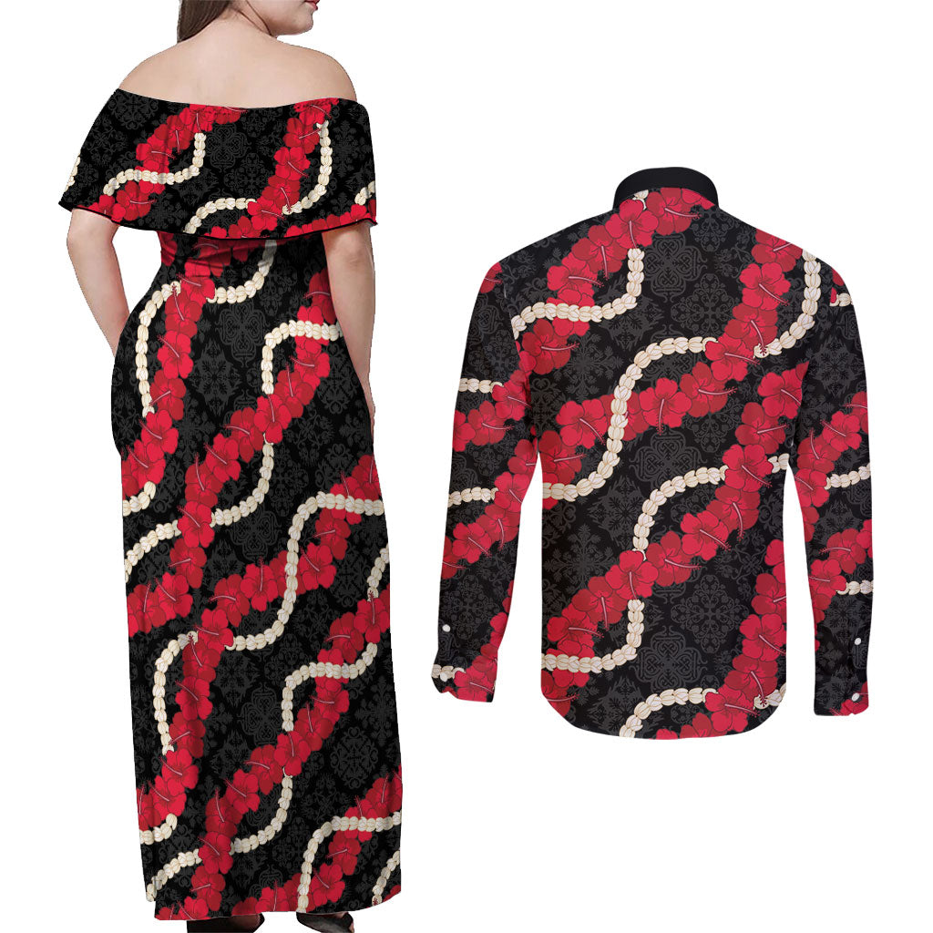 Aloha Ula'ula Hibiscus Pikake Lei Couples Matching Off Shoulder Maxi Dress and Long Sleeve Button Shirt Hawaiian Quilt Pattern