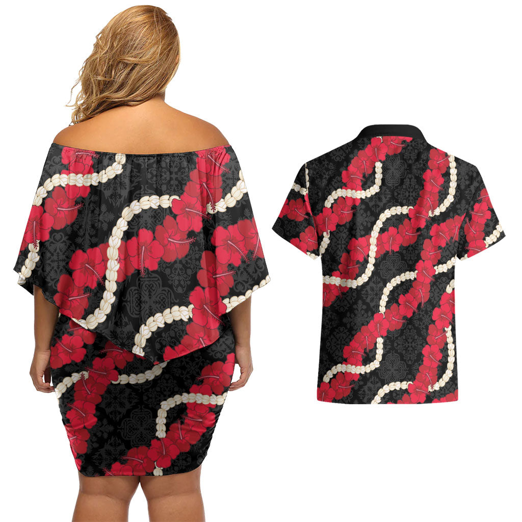 Aloha Ula'ula Hibiscus Pikake Lei Couples Matching Off Shoulder Short Dress and Hawaiian Shirt Hawaiian Quilt Pattern LT9 - Polynesian Pride