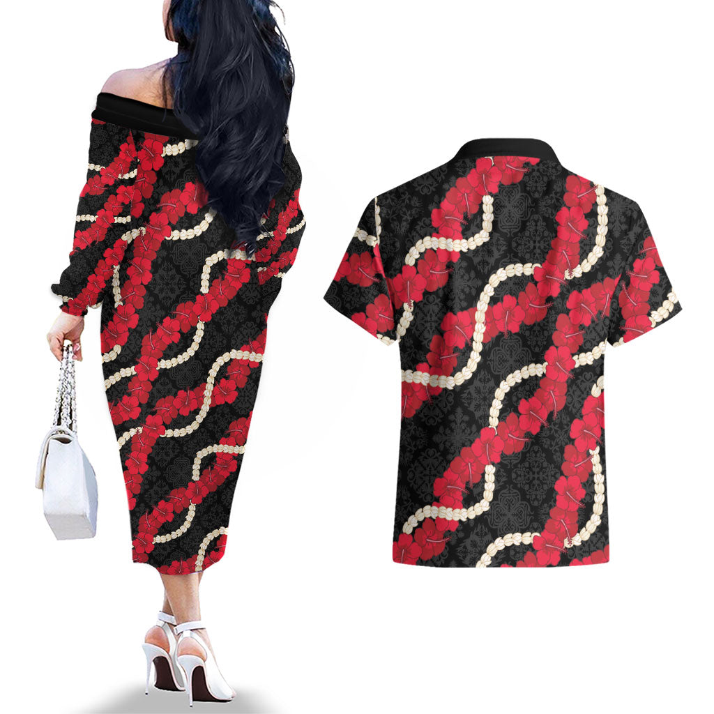 Aloha Ula'ula Hibiscus Pikake Lei Couples Matching Off The Shoulder Long Sleeve Dress and Hawaiian Shirt Hawaiian Quilt Pattern LT9 - Polynesian Pride