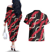 Aloha Ula'ula Hibiscus Pikake Lei Couples Matching Off The Shoulder Long Sleeve Dress and Hawaiian Shirt Hawaiian Quilt Pattern LT9 - Polynesian Pride