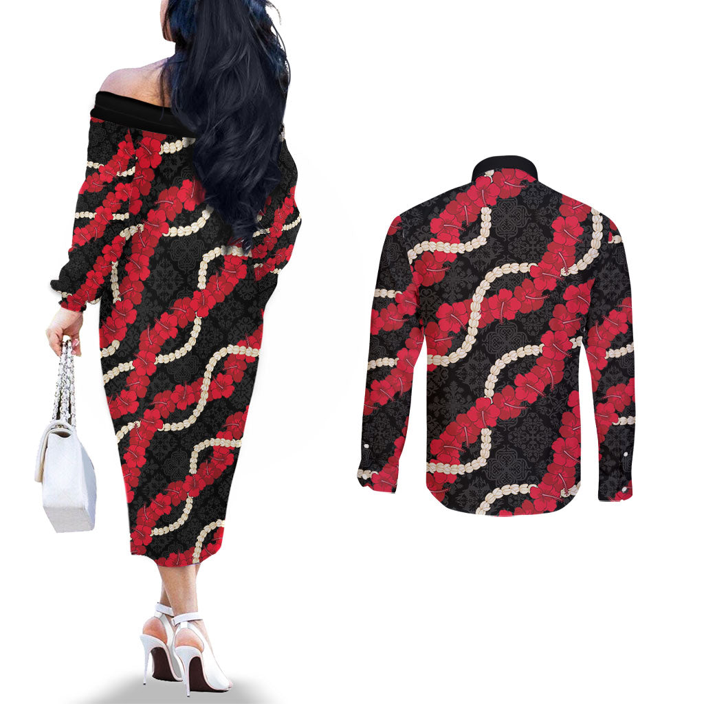 Aloha Ula'ula Hibiscus Pikake Lei Couples Matching Off The Shoulder Long Sleeve Dress and Long Sleeve Button Shirt Hawaiian Quilt Pattern LT9 - Polynesian Pride