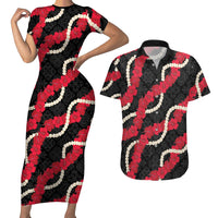 Aloha Ula'ula Hibiscus Pikake Lei Couples Matching Short Sleeve Bodycon Dress and Hawaiian Shirt Hawaiian Quilt Pattern LT9 Black - Polynesian Pride