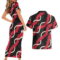 Aloha Ula'ula Hibiscus Pikake Lei Couples Matching Short Sleeve Bodycon Dress and Hawaiian Shirt Hawaiian Quilt Pattern LT9 - Polynesian Pride