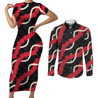 Aloha Ula'ula Hibiscus Pikake Lei Couples Matching Short Sleeve Bodycon Dress and Long Sleeve Button Shirt Hawaiian Quilt Pattern LT9 Black - Polynesian Pride