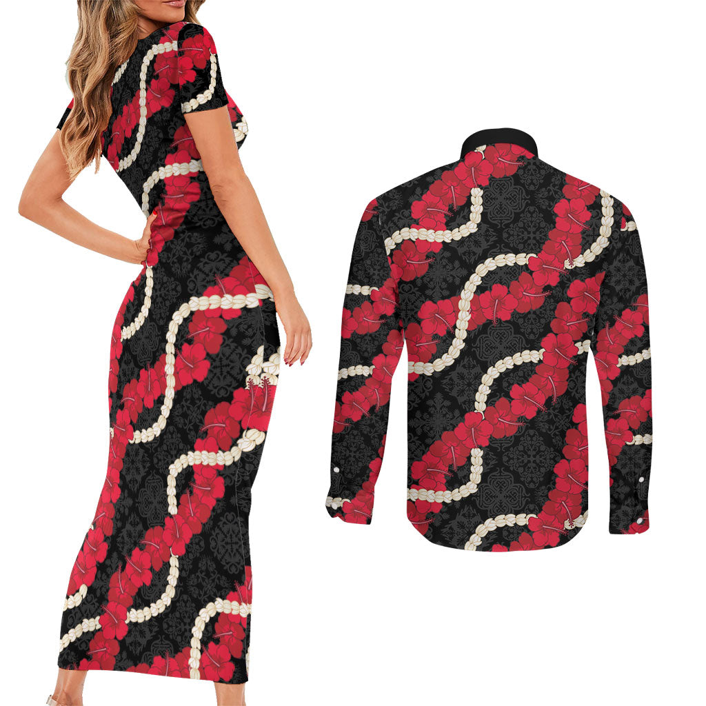 Aloha Ula'ula Hibiscus Pikake Lei Couples Matching Short Sleeve Bodycon Dress and Long Sleeve Button Shirt Hawaiian Quilt Pattern LT9 - Polynesian Pride