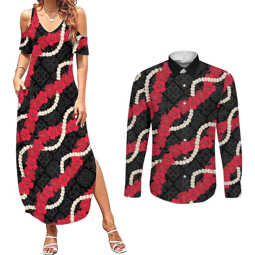 Aloha Ula'ula Hibiscus Pikake Lei Couples Matching Summer Maxi Dress and Long Sleeve Button Shirt Hawaiian Quilt Pattern