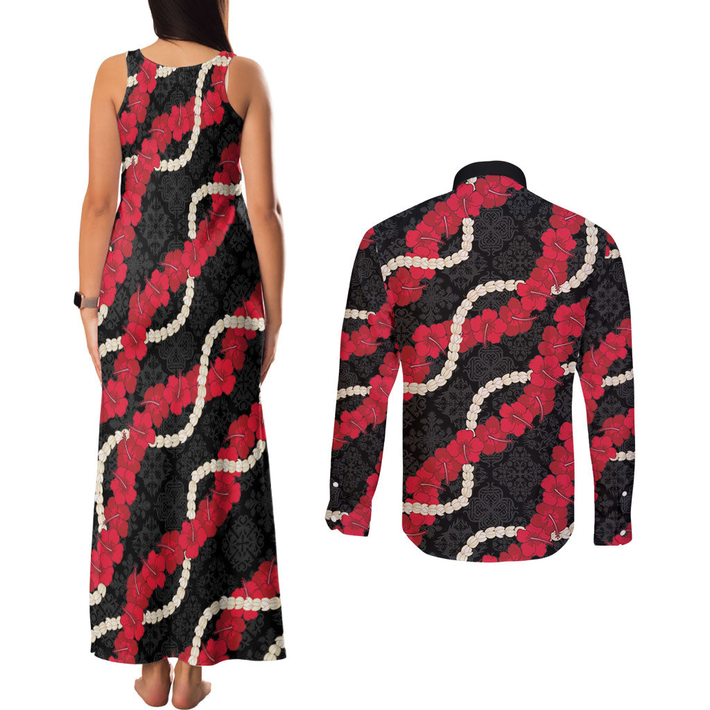 Aloha Ula'ula Hibiscus Pikake Lei Couples Matching Tank Maxi Dress and Long Sleeve Button Shirt Hawaiian Quilt Pattern