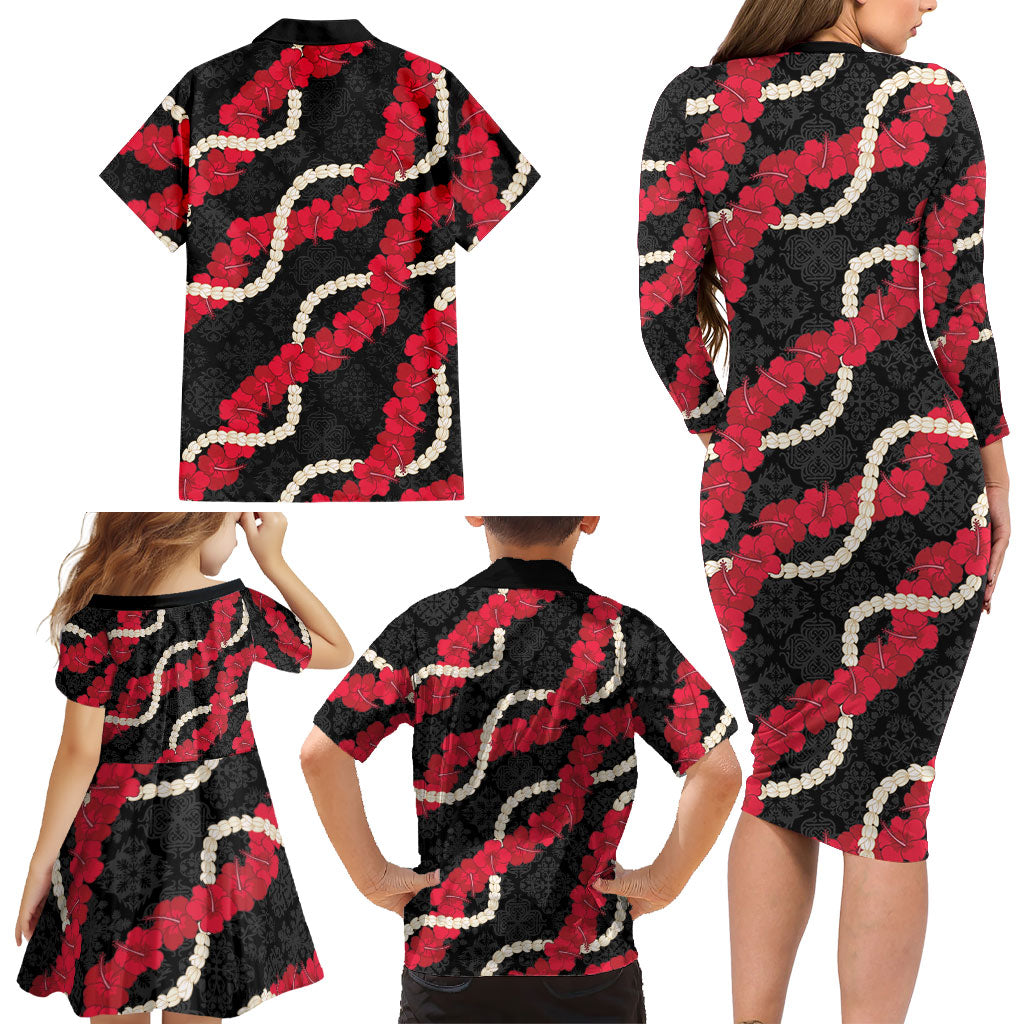 Aloha Ula'ula Hibiscus Pikake Lei Family Matching Long Sleeve Bodycon Dress and Hawaiian Shirt Hawaiian Quilt Pattern LT9 - Polynesian Pride