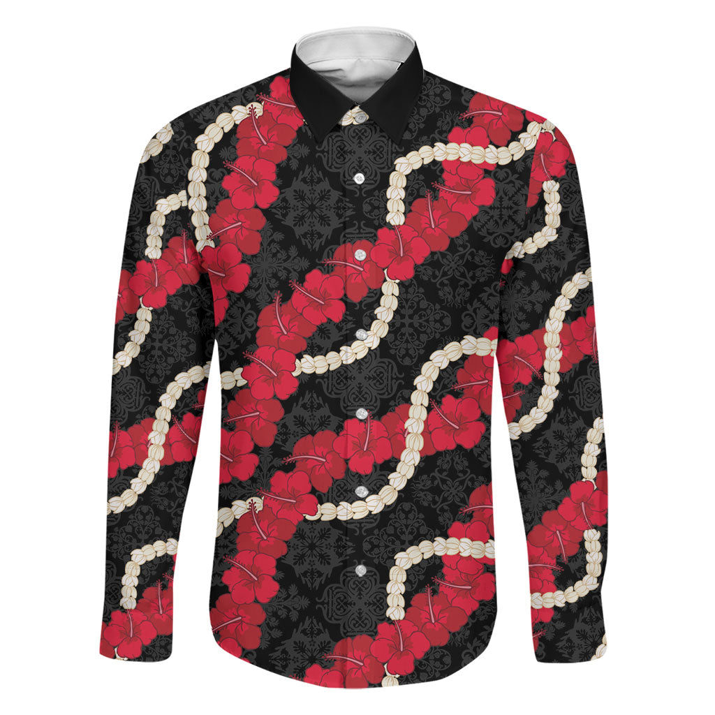 Aloha Ula'ula Hibiscus Pikake Lei Family Matching Off The Shoulder Long Sleeve Dress and Hawaiian Shirt Hawaiian Quilt Pattern LT9 Dad's Shirt - Long Sleeve Black - Polynesian Pride