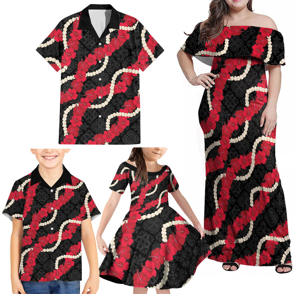 Aloha Ula'ula Hibiscus Pikake Lei Family Matching Off Shoulder Maxi Dress and Hawaiian Shirt Hawaiian Quilt Pattern LT9 - Polynesian Pride