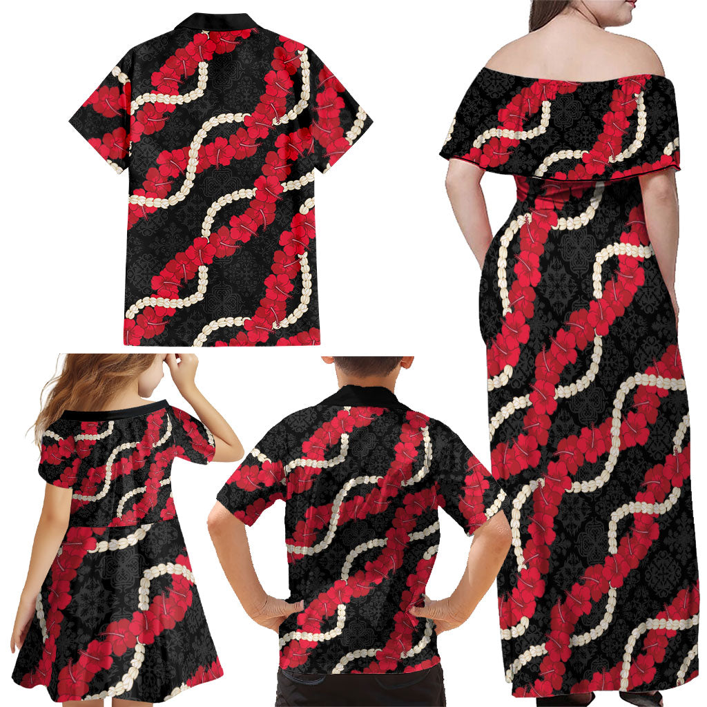 Aloha Ula'ula Hibiscus Pikake Lei Family Matching Off Shoulder Maxi Dress and Hawaiian Shirt Hawaiian Quilt Pattern LT9 - Polynesian Pride