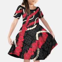 Aloha Ula'ula Hibiscus Pikake Lei Family Matching Off Shoulder Short Dress and Hawaiian Shirt Hawaiian Quilt Pattern LT9 Daughter's Dress Black - Polynesian Pride