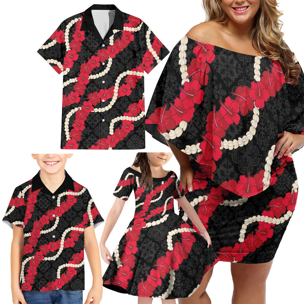 Aloha Ula'ula Hibiscus Pikake Lei Family Matching Off Shoulder Short Dress and Hawaiian Shirt Hawaiian Quilt Pattern LT9 - Polynesian Pride