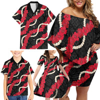Aloha Ula'ula Hibiscus Pikake Lei Family Matching Off Shoulder Short Dress and Hawaiian Shirt Hawaiian Quilt Pattern LT9 - Polynesian Pride