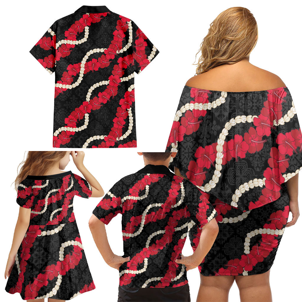 Aloha Ula'ula Hibiscus Pikake Lei Family Matching Off Shoulder Short Dress and Hawaiian Shirt Hawaiian Quilt Pattern LT9 - Polynesian Pride