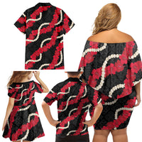 Aloha Ula'ula Hibiscus Pikake Lei Family Matching Off Shoulder Short Dress and Hawaiian Shirt Hawaiian Quilt Pattern LT9 - Polynesian Pride