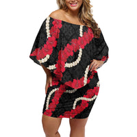 Aloha Ula'ula Hibiscus Pikake Lei Family Matching Off Shoulder Short Dress and Hawaiian Shirt Hawaiian Quilt Pattern LT9 Mom's Dress Black - Polynesian Pride