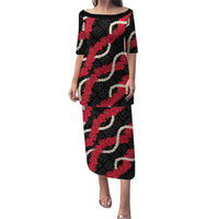 Aloha Ula'ula Hibiscus Pikake Lei Family Matching Puletasi and Hawaiian Shirt Hawaiian Quilt Pattern LT9 Mom's Dress Black - Polynesian Pride