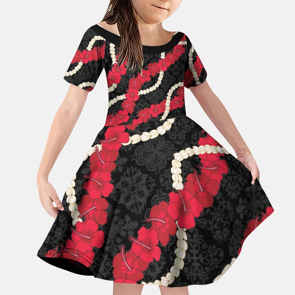 Aloha Ula'ula Hibiscus Pikake Lei Family Matching Short Sleeve Bodycon Dress and Hawaiian Shirt Hawaiian Quilt Pattern LT9 Daughter's Dress Black - Polynesian Pride