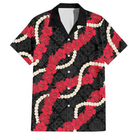 Aloha Ula'ula Hibiscus Pikake Lei Family Matching Short Sleeve Bodycon Dress and Hawaiian Shirt Hawaiian Quilt Pattern LT9 Dad's Shirt - Short Sleeve Black - Polynesian Pride