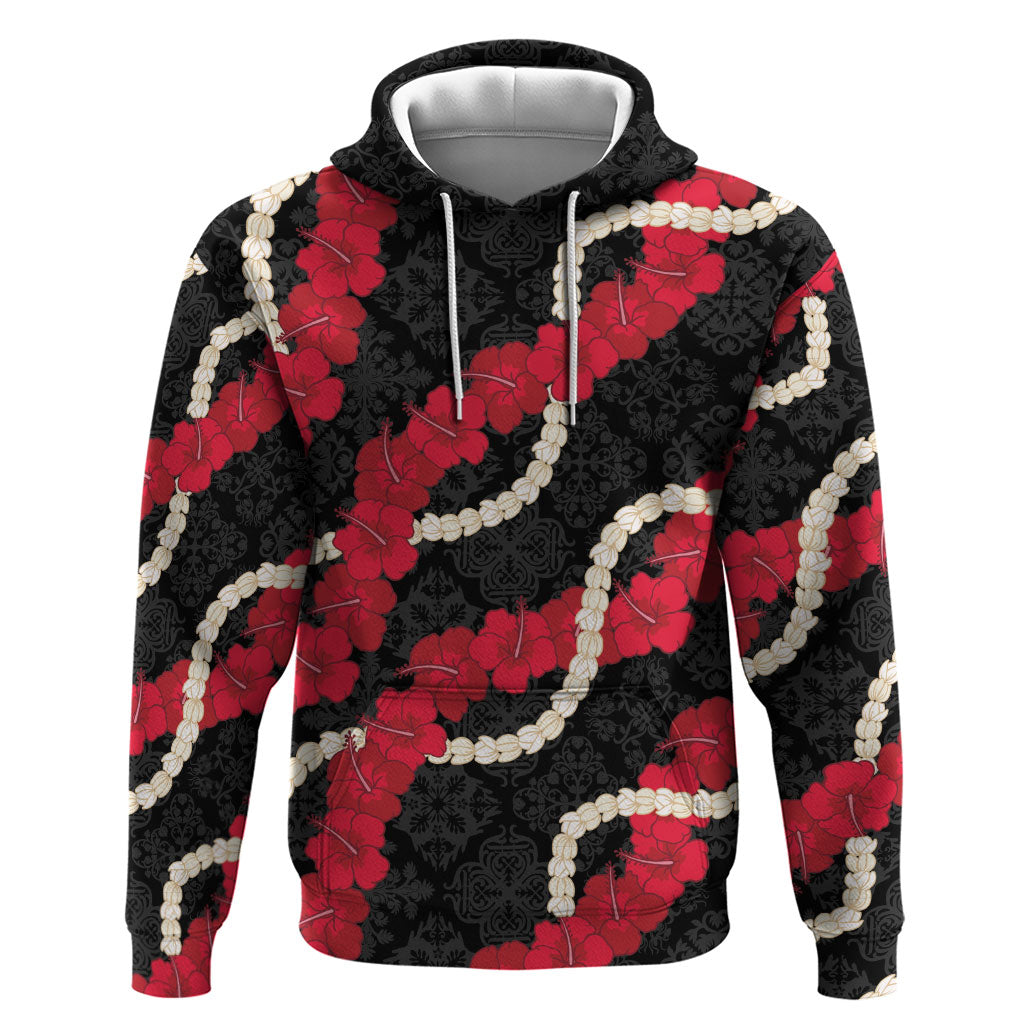 Aloha Ula'ula Hibiscus Pikake Lei Hoodie Hawaiian Quilt Pattern LT9 Pullover Hoodie Black - Polynesian Pride