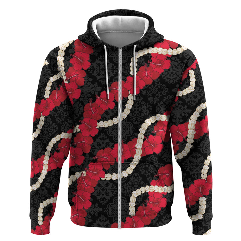 Aloha Ula'ula Hibiscus Pikake Lei Hoodie Hawaiian Quilt Pattern LT9 Zip Hoodie Black - Polynesian Pride