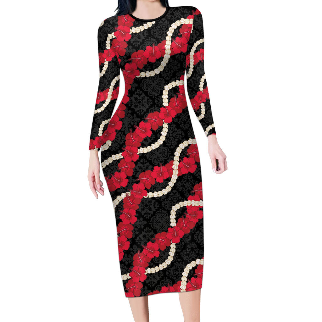 Aloha Ula'ula Hibiscus Pikake Lei Long Sleeve Bodycon Dress Hawaiian Quilt Pattern LT9 Long Dress Black - Polynesian Pride